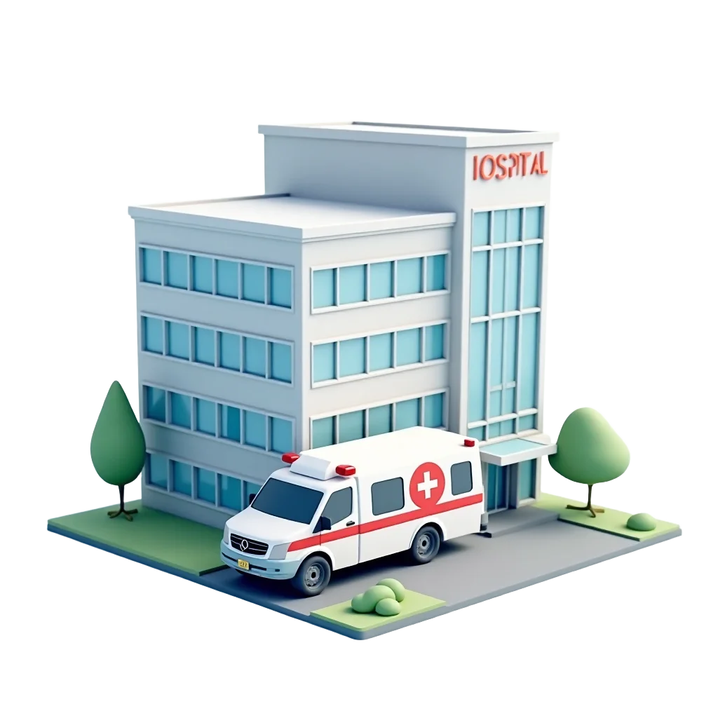 Hospital Building with Ambulance